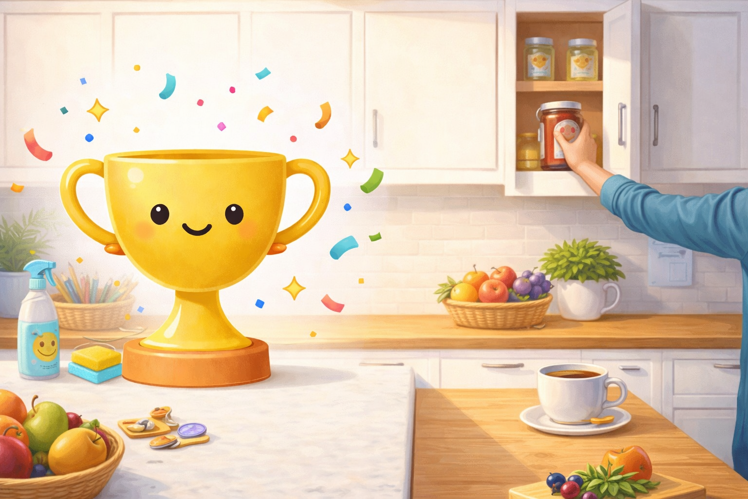 A cheerful Tiny Tidy Triumphs trophy in a bright kitchen while one small tidying action puts away a jar.