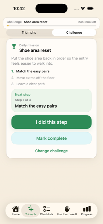 App challenge screen walking through a shoe area reset one small step at a time.