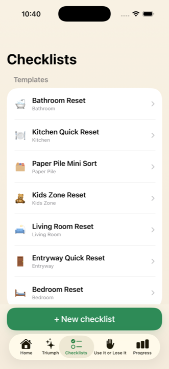 App checklist library showing templates for bathroom, kitchen, paper pile, kids zone, and other quick resets.