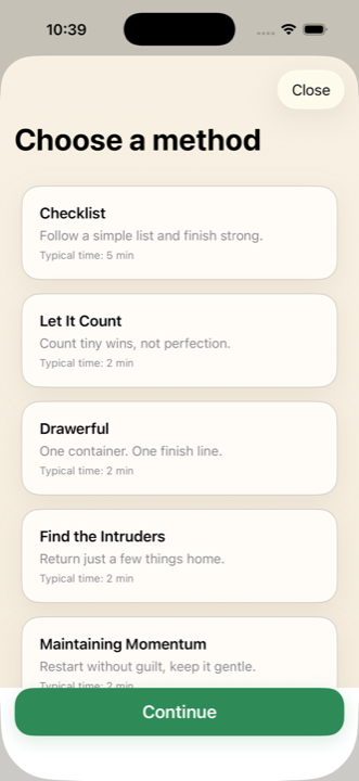 App screen for choosing a tidying method like checklist, let it count, drawerful, find the intruders, or maintaining momentum.