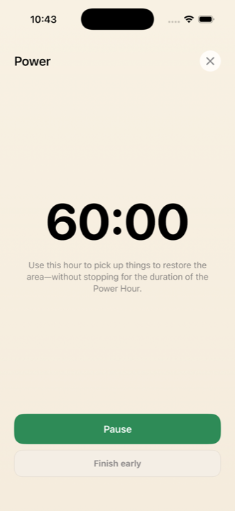 App power hour screen showing a 60-minute focused reset option.