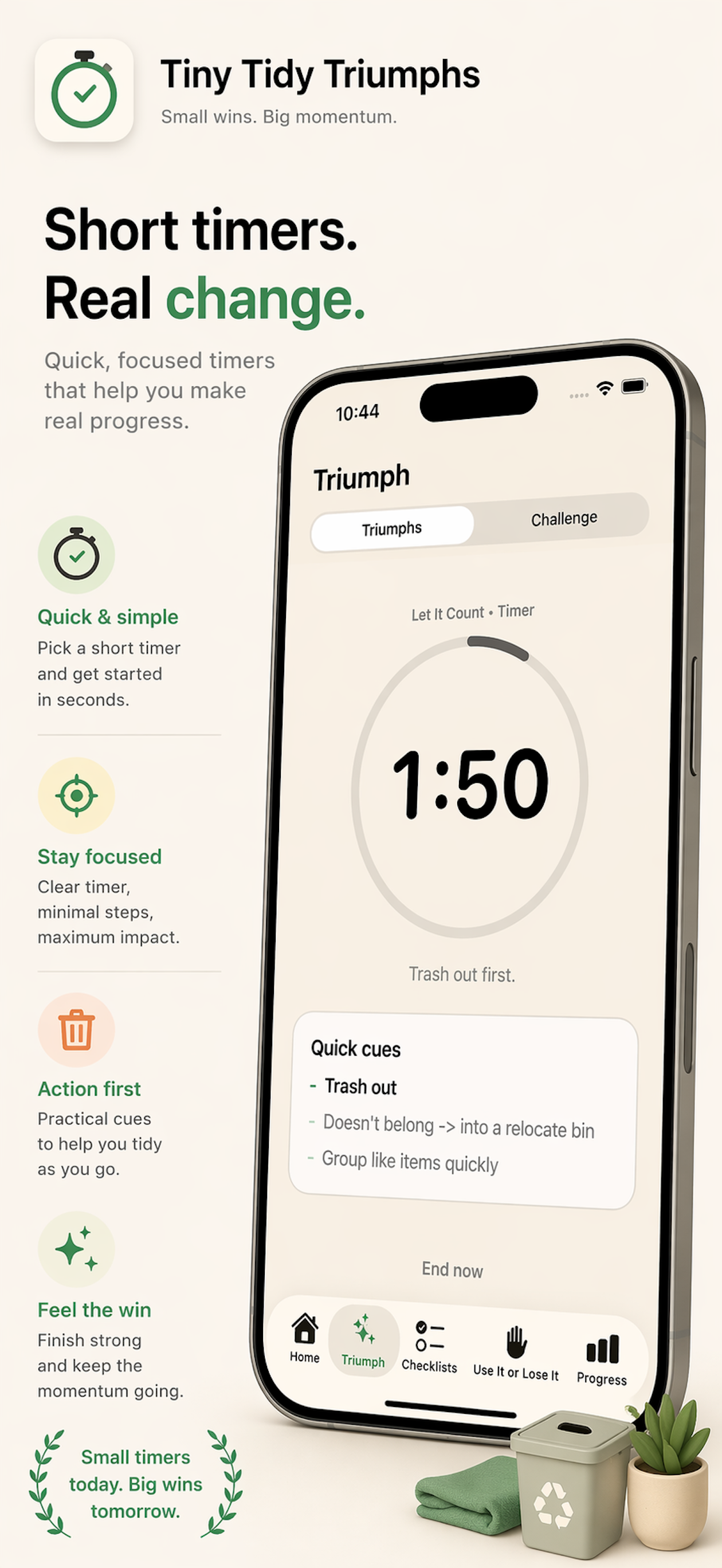 Native Tiny Tidy Triumphs timer screen showing a 2-minute reset in progress.