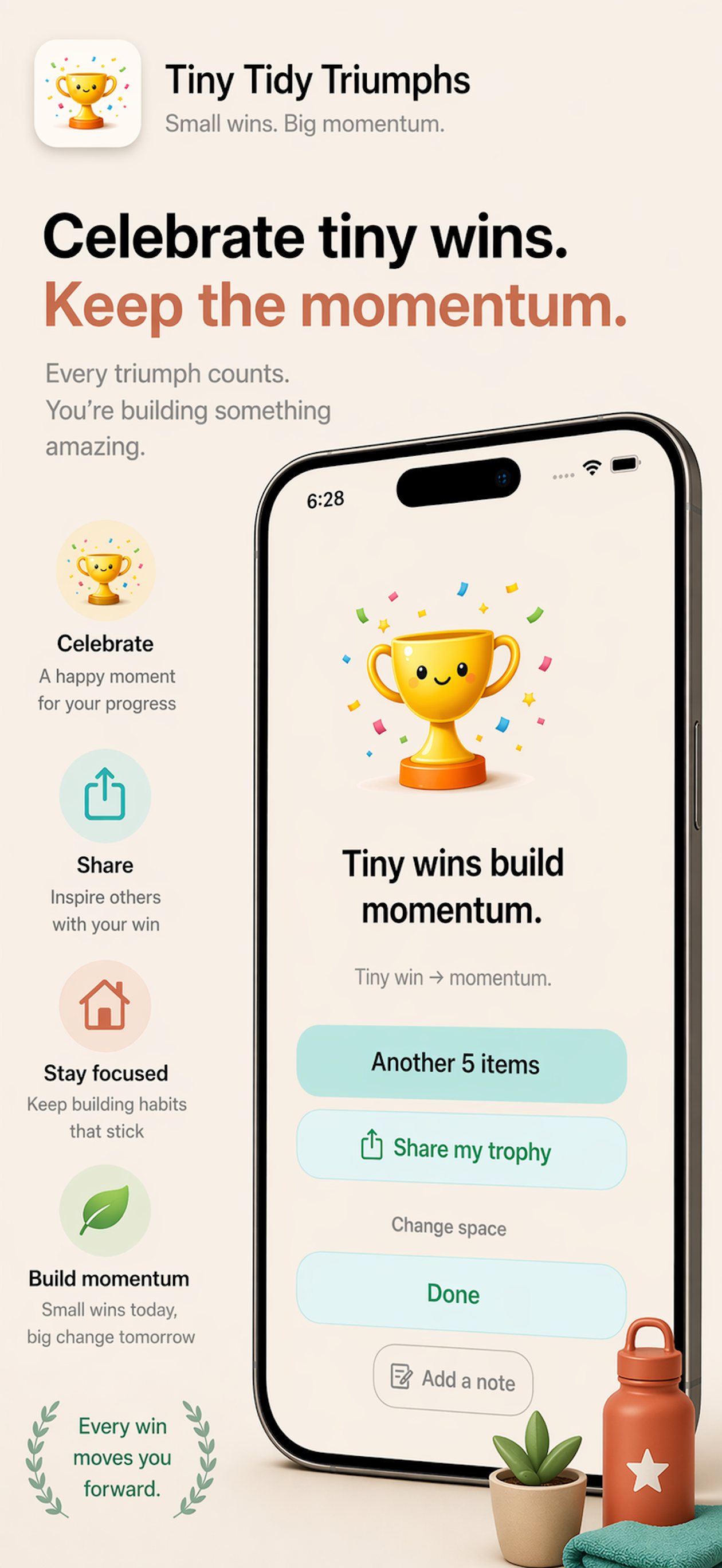 Native Tiny Tidy Triumphs triumph screen showing a trophy and momentum message.