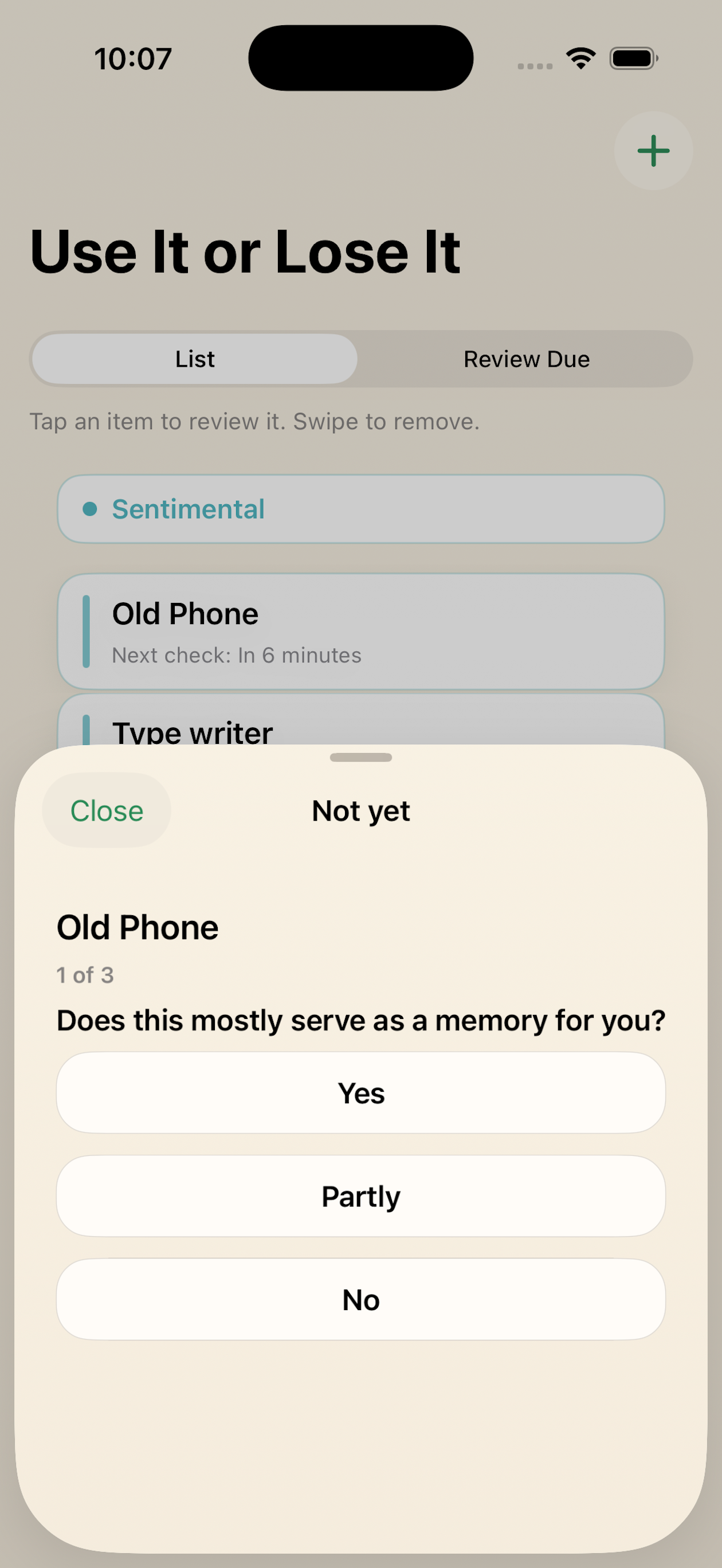 App screen for the Use It or Lose It tab showing review items and a bottom sheet asking whether the item mostly serves as a memory.